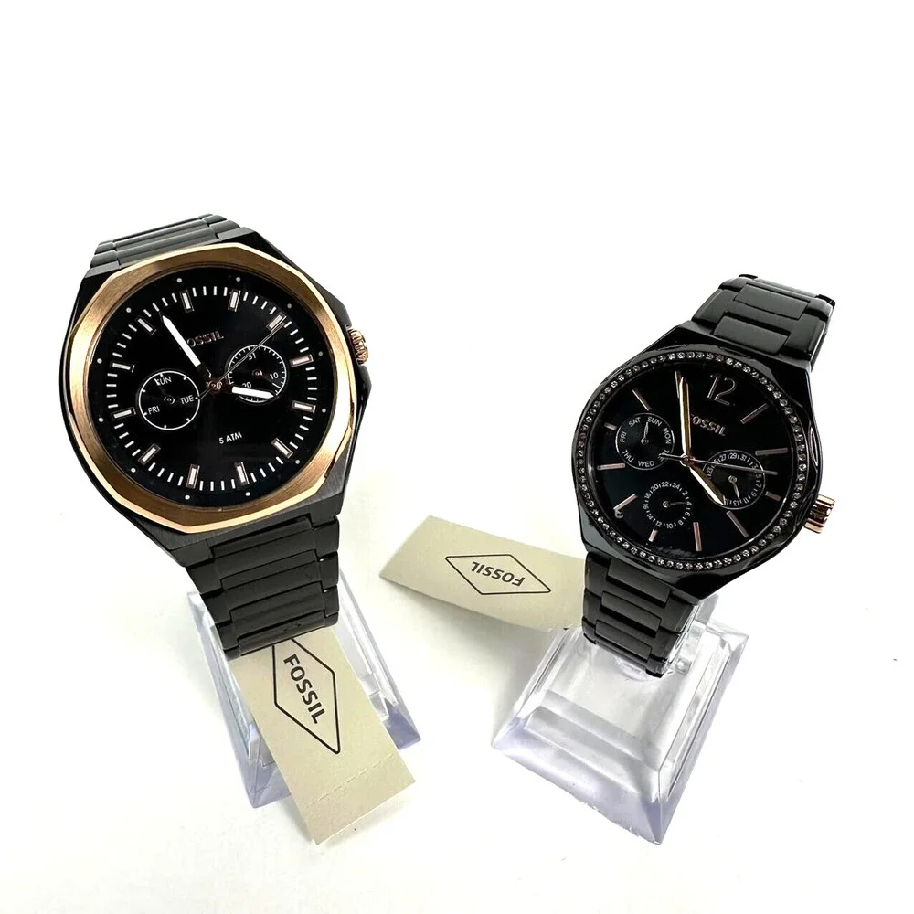 Fossil His and Her Multifunction Black Rose gold Day & Date Watch BQ2645SET